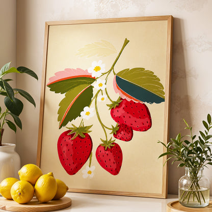 Scarlet Strawberry Sprig, red, green, beige nature wall art displayed in a styled interior, gallery view 2