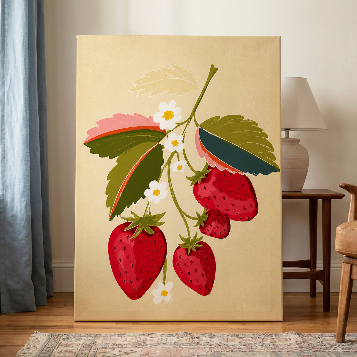 Scarlet Strawberry Sprig, red, green, beige nature wall art displayed in a styled interior, gallery view 3