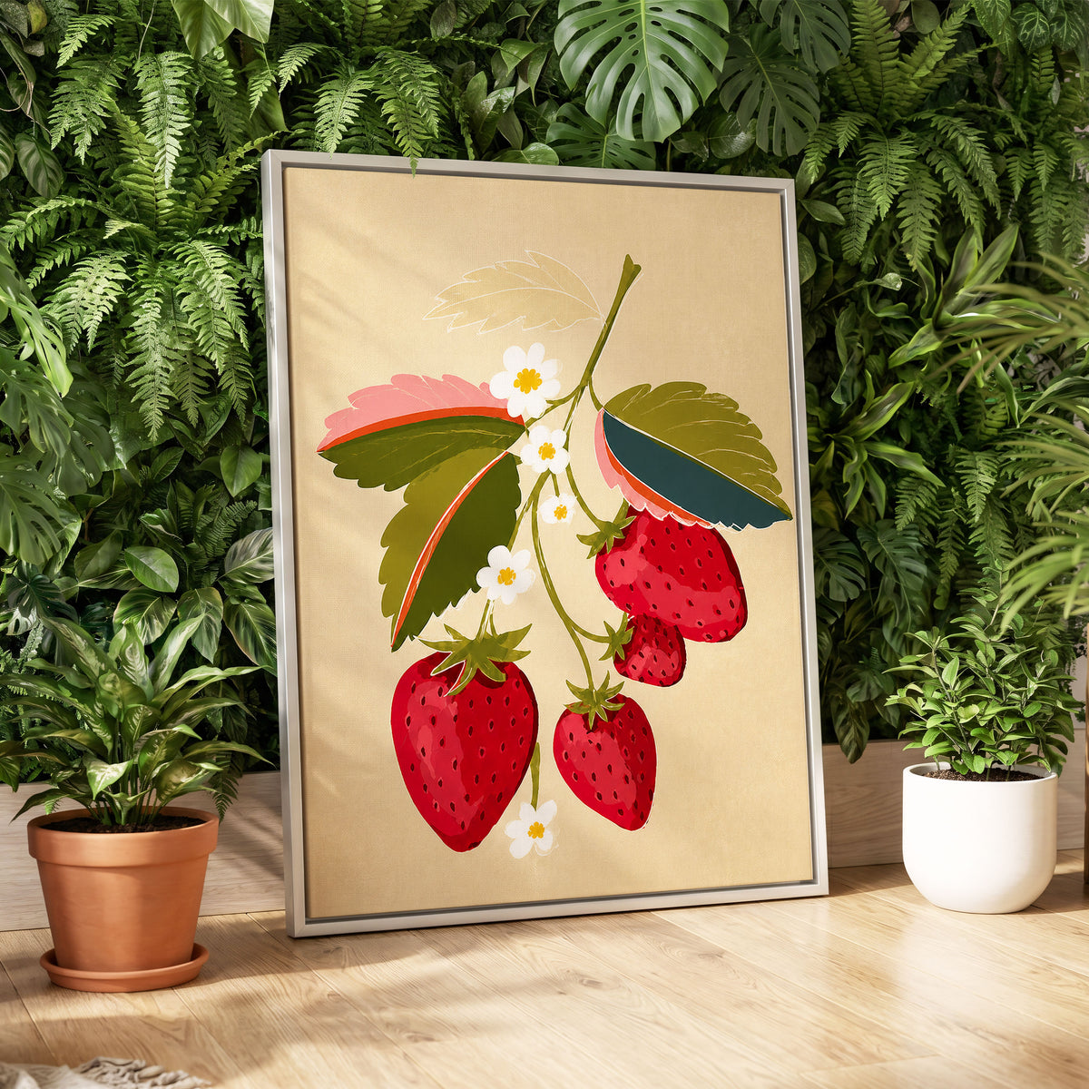 Scarlet Strawberry Sprig, red, green, beige nature wall art displayed in a styled interior, gallery view 4