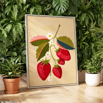 Scarlet Strawberry Sprig, red, green, beige nature wall art displayed in a styled interior, gallery view 4