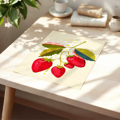 Scarlet Strawberry Sprig, red, green, beige nature wall art displayed in a styled interior, gallery view 5