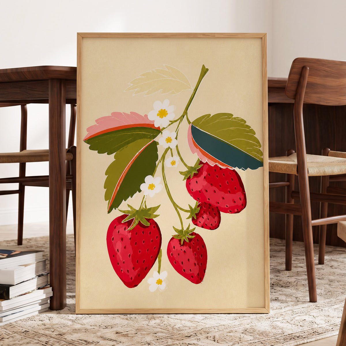 Scarlet Strawberry Sprig, red, green, beige nature wall art displayed in a styled interior, gallery view 6