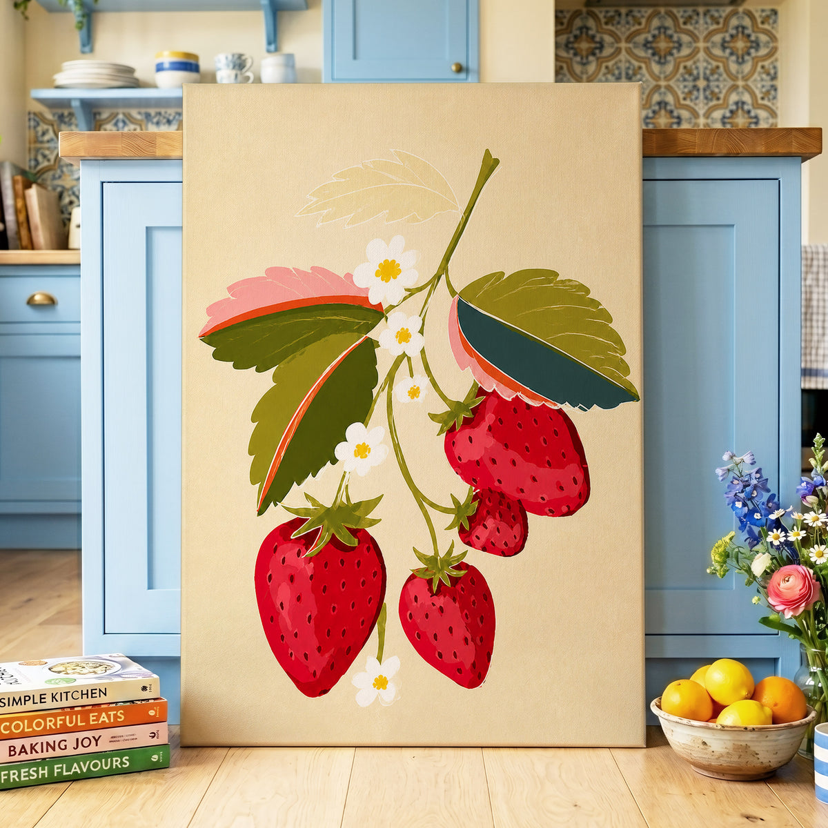 Scarlet Strawberry Sprig, red, green, beige nature wall art displayed in a styled interior, gallery view 7
