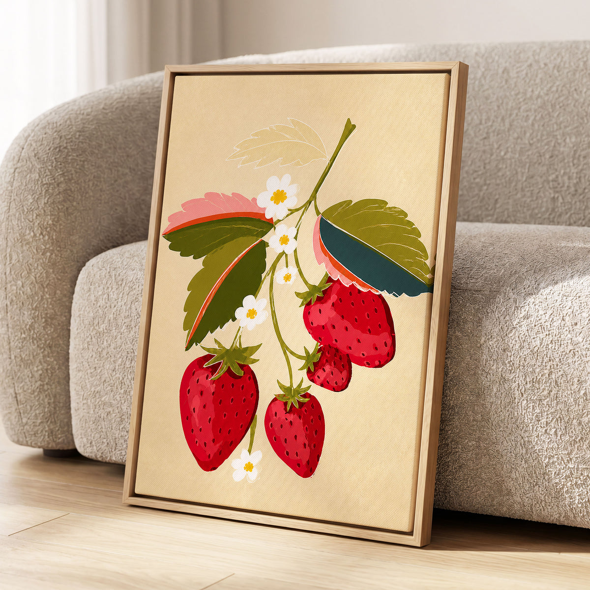 Scarlet Strawberry Sprig, red, green, beige nature wall art displayed in a styled interior, gallery view 8