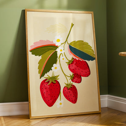 Scarlet Strawberry Sprig, red, green, beige nature wall art displayed in a styled interior, gallery view 9