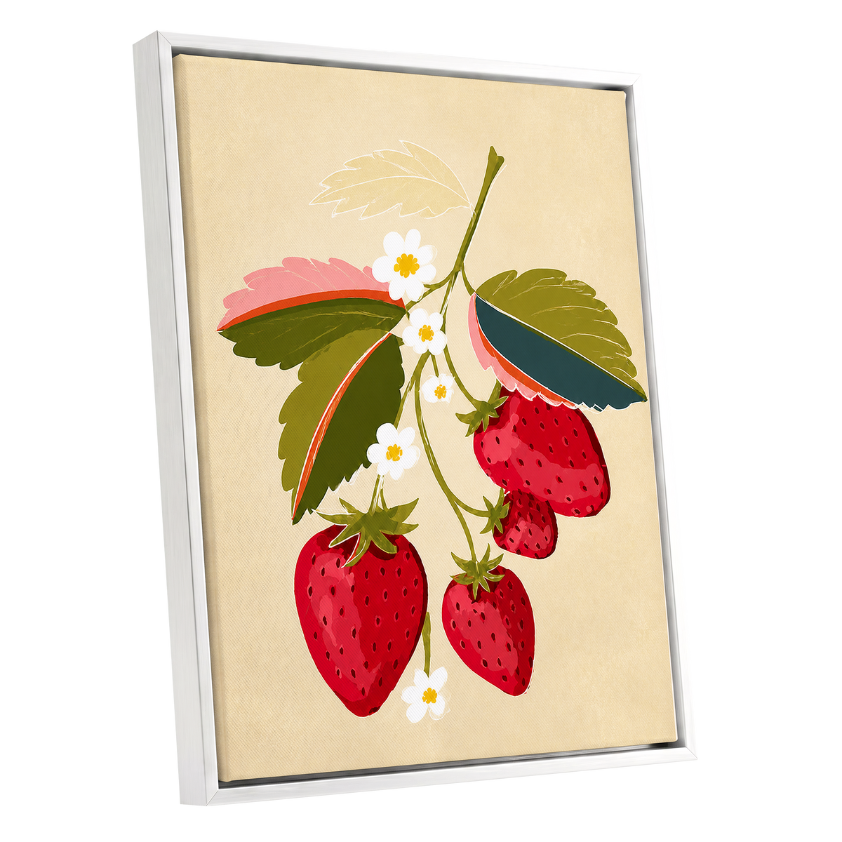 Scarlet Strawberry Sprig, red, green, beige nature wall art shown as a white framed canvas wall art