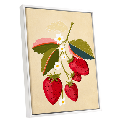Scarlet Strawberry Sprig, red, green, beige nature wall art shown as a white framed canvas wall art