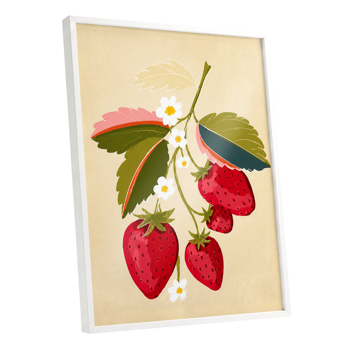 Scarlet Strawberry Sprig, red, green, beige nature wall art shown as a white framed poster wall art print
