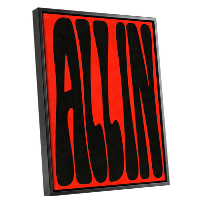 Scarlet Stretch, red, black minimalist wall art shown as a black framed canvas wall art