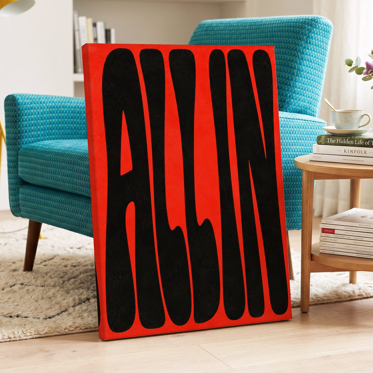 Scarlet Stretch, red, black minimalist wall art on canvas displayed in a styled interior, gallery view 2