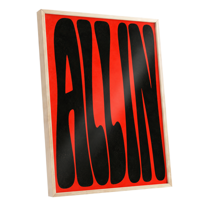 Scarlet Stretch, red, black minimalist wall art shown as a oak framed poster wall art print