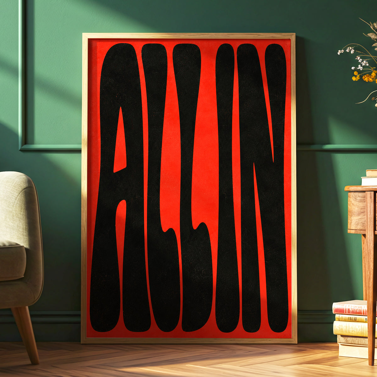Scarlet Stretch, red, black minimalist wall art displayed in a styled interior, gallery view 6