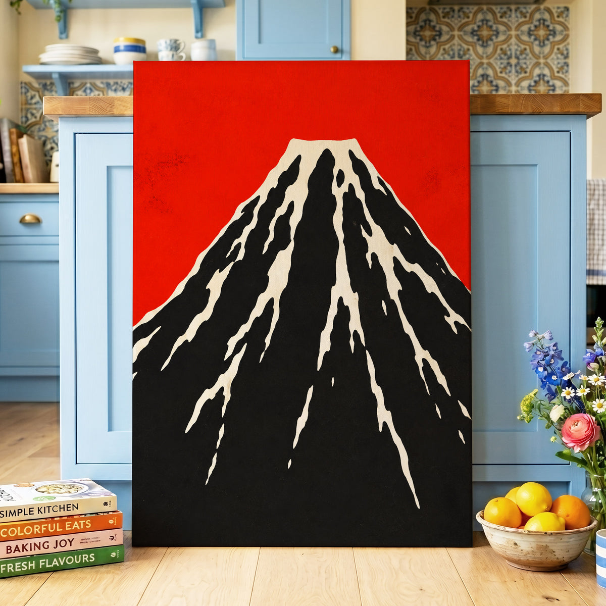 Scarlet Summit, red, black, beige nature wall art displayed in a styled interior, gallery view 3