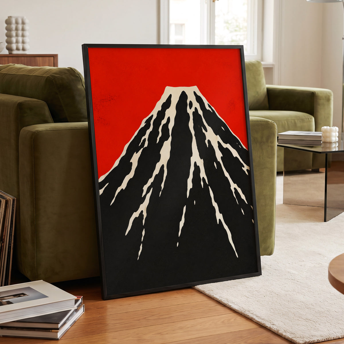 Scarlet Summit, red, black, beige nature wall art displayed in a styled interior, gallery view 6