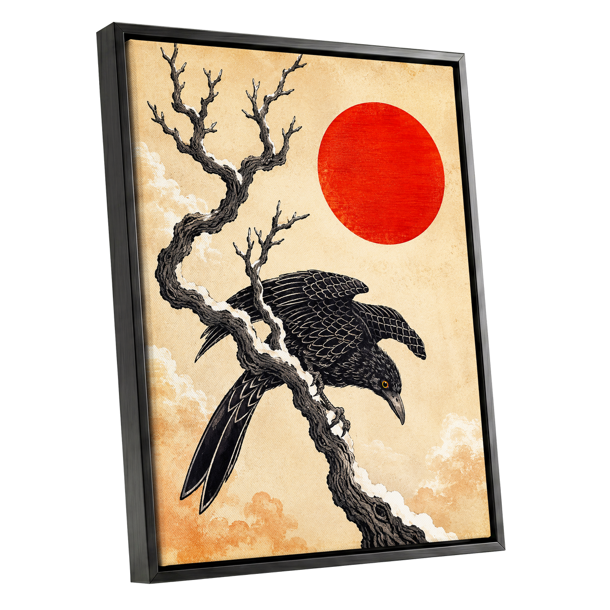 Scarlet Sun, Dark Wings, black, beige, red nature wall art shown as a black framed canvas wall art