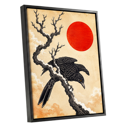 Scarlet Sun, Dark Wings, black, beige, red nature wall art shown as a black framed canvas wall art