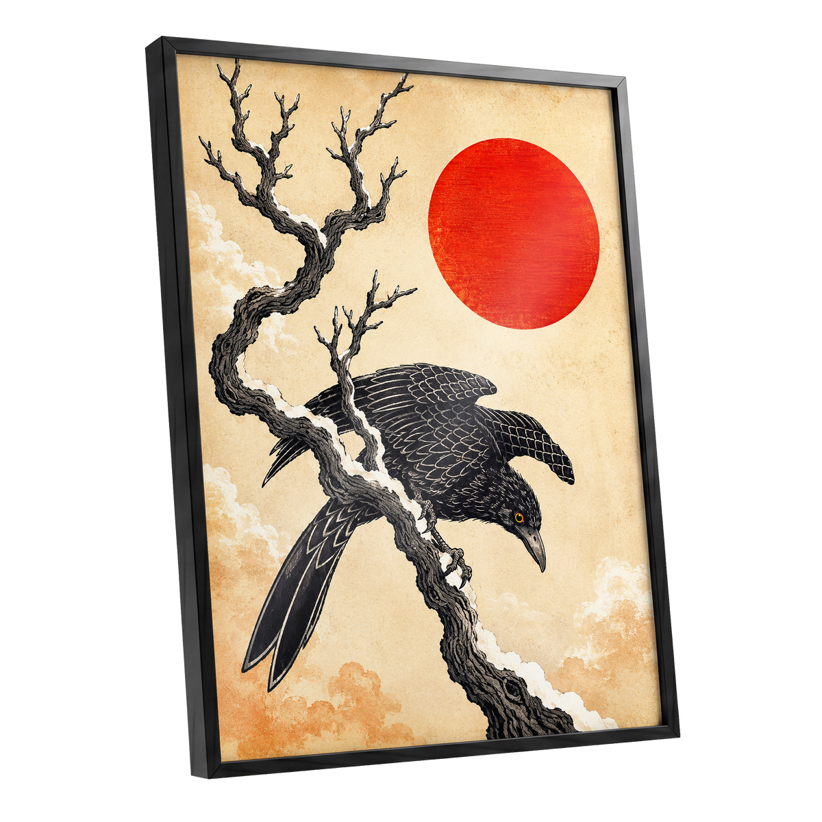 Scarlet Sun, Dark Wings, black, beige, red nature wall art shown as a black framed poster wall art print