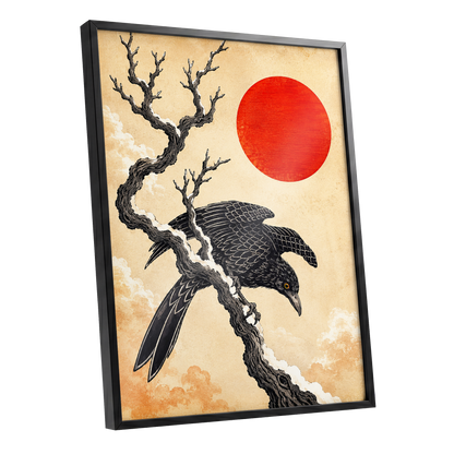 Scarlet Sun, Dark Wings, black, beige, red nature wall art shown as a black framed poster wall art print