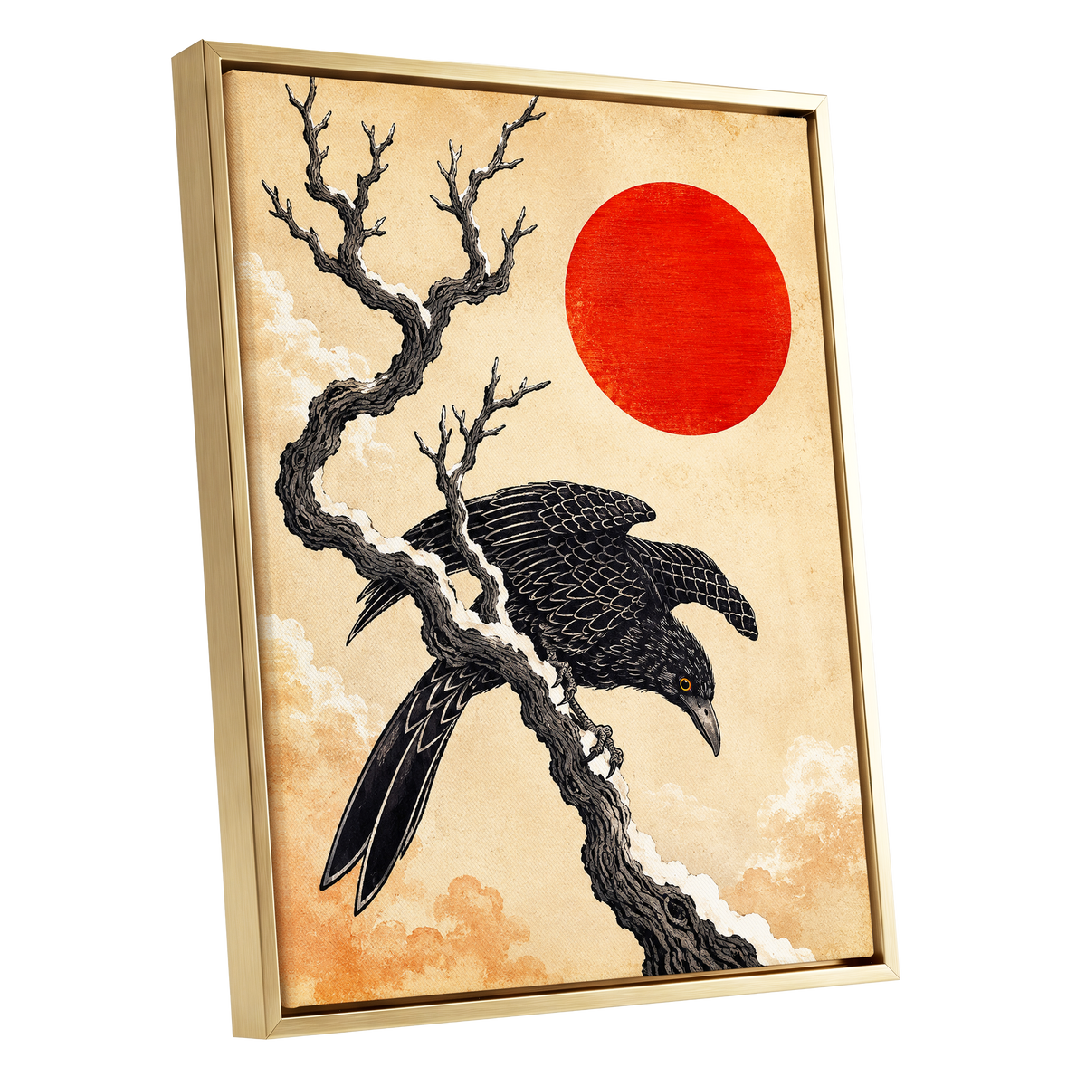 Scarlet Sun, Dark Wings, black, beige, red nature wall art shown as a gold framed canvas wall art