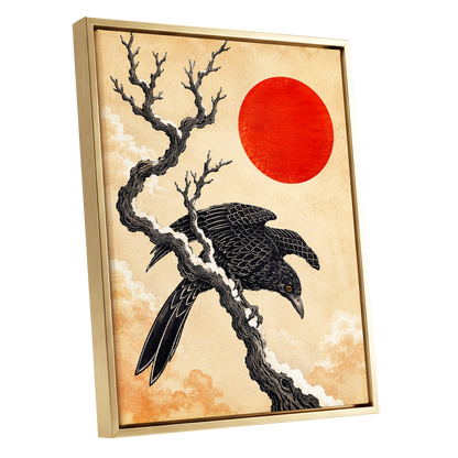 Scarlet Sun, Dark Wings, black, beige, red nature wall art shown as a gold framed canvas wall art