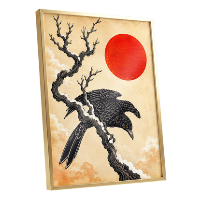 Scarlet Sun, Dark Wings, black, beige, red nature wall art shown as a gold framed poster wall art print