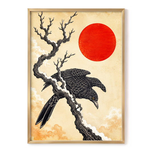 Scarlet Sun, Dark Wings, black, beige, red nature wall art, front artwork view