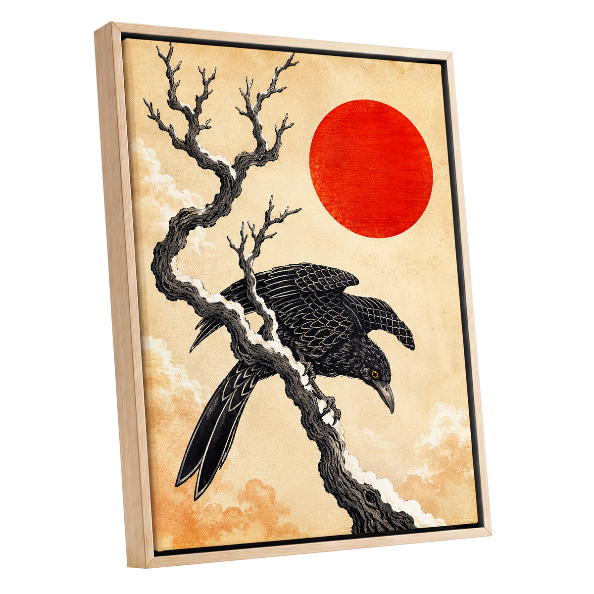 Scarlet Sun, Dark Wings, black, beige, red nature wall art shown as a oak framed canvas wall art