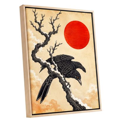 Scarlet Sun, Dark Wings, black, beige, red nature wall art shown as a oak framed canvas wall art