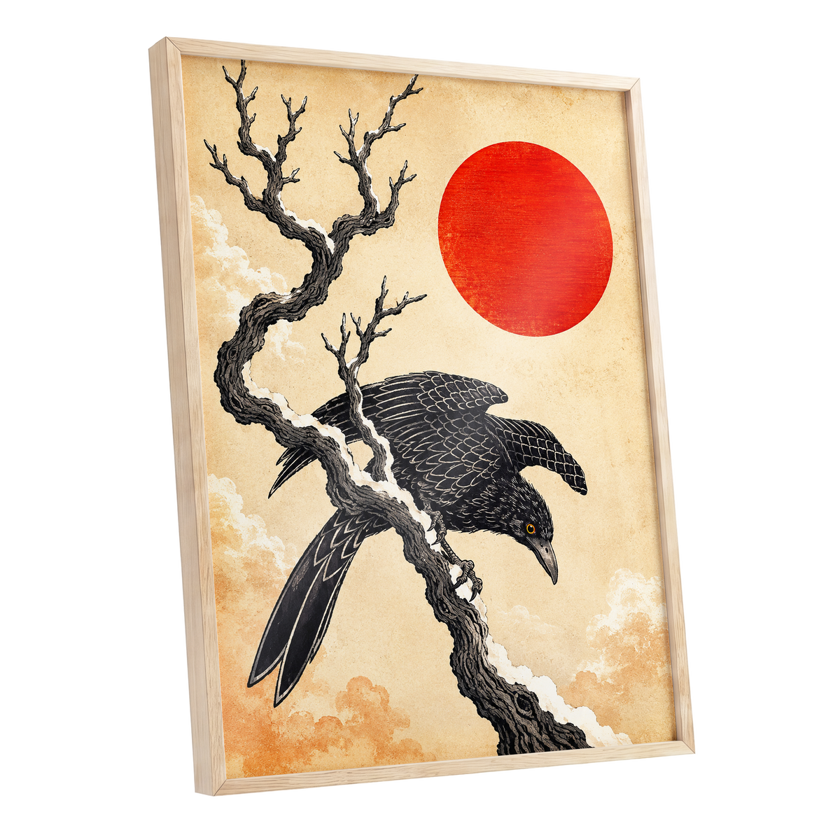 Scarlet Sun, Dark Wings, black, beige, red nature wall art shown as a oak framed poster wall art print