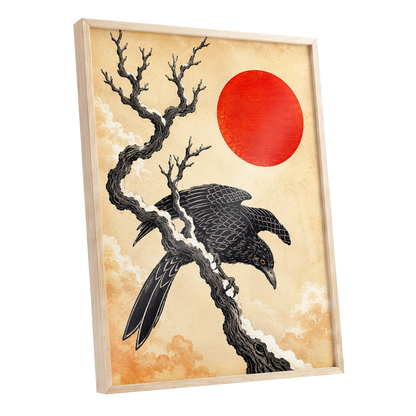 Scarlet Sun, Dark Wings, black, beige, red nature wall art shown as a oak framed poster wall art print