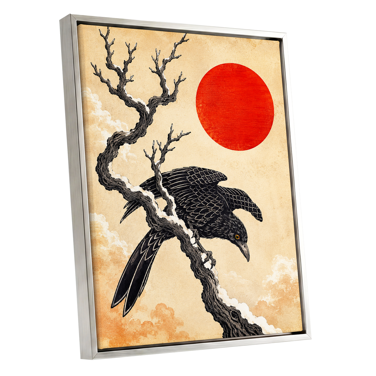 Scarlet Sun, Dark Wings, black, beige, red nature wall art shown as a silver framed canvas wall art