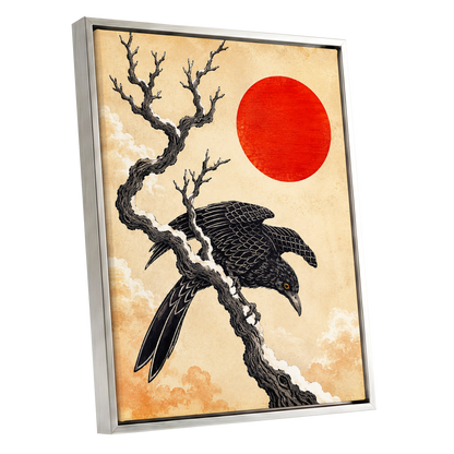 Scarlet Sun, Dark Wings, black, beige, red nature wall art shown as a silver framed canvas wall art