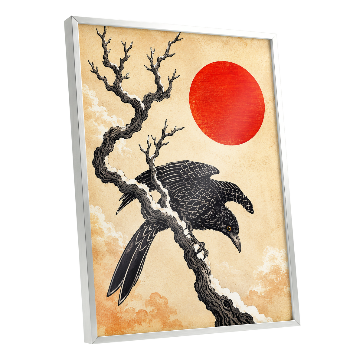 Scarlet Sun, Dark Wings, black, beige, red nature wall art shown as a silver framed poster wall art print