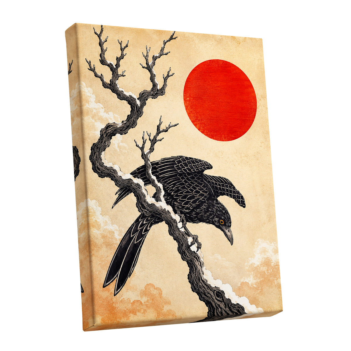 Scarlet Sun, Dark Wings, black, beige, red nature wall art shown as a stretched canvas wall art