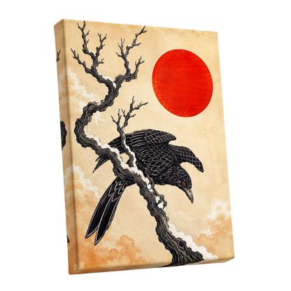 Scarlet Sun, Dark Wings, black, beige, red nature wall art shown as a stretched canvas wall art