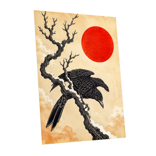 Scarlet Sun, Dark Wings, black, beige, red nature wall art shown as a unframed poster wall art print