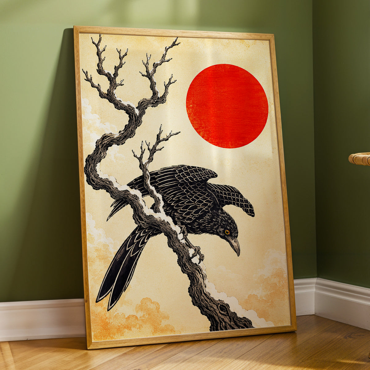 Scarlet Sun, Dark Wings, black, beige, red nature wall art displayed in a styled interior, gallery view 2