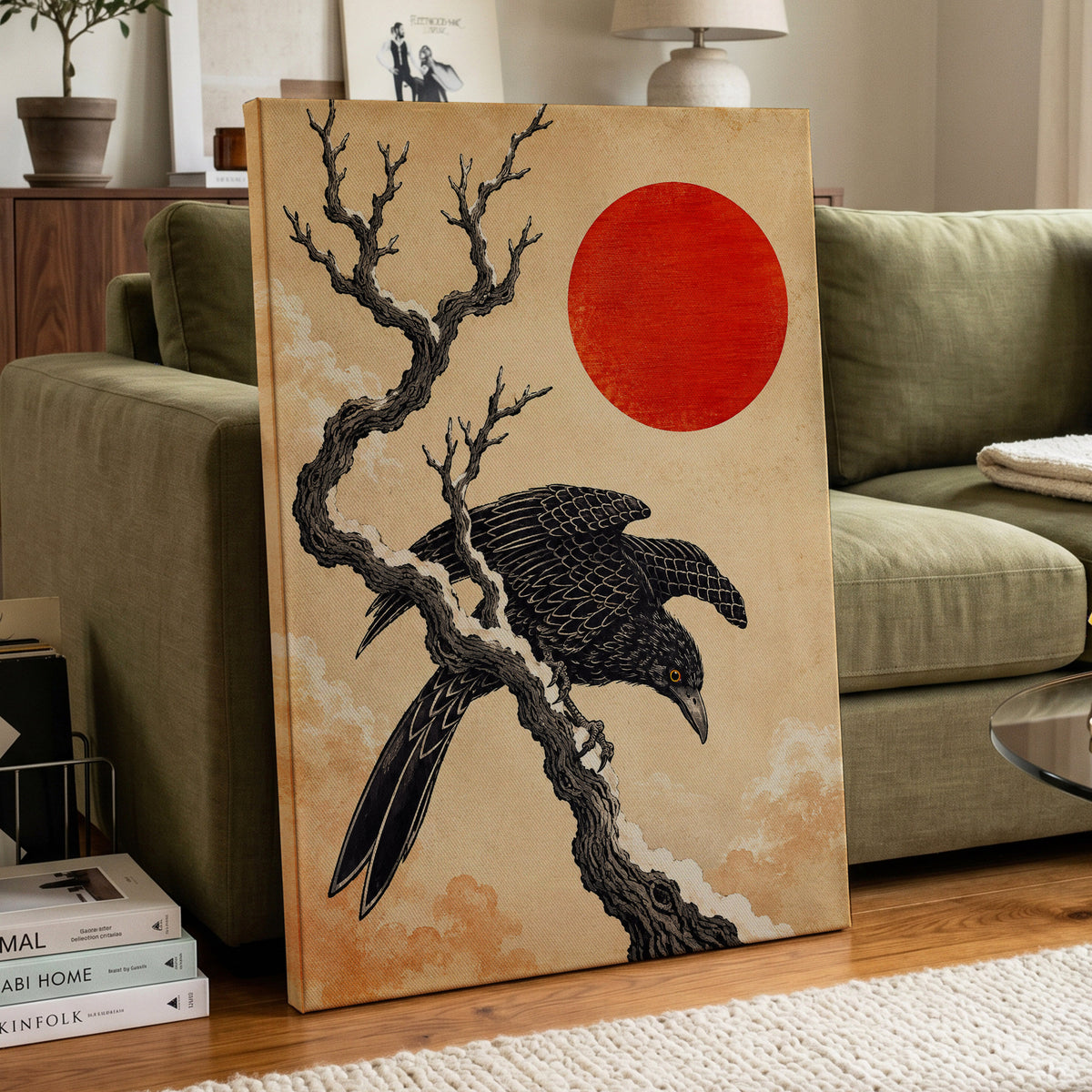 Scarlet Sun, Dark Wings, black, beige, red nature wall art displayed in a styled interior, gallery view 3