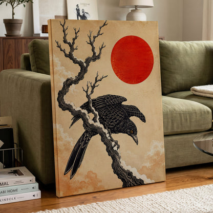 Scarlet Sun, Dark Wings, black, beige, red nature wall art displayed in a styled interior, gallery view 3