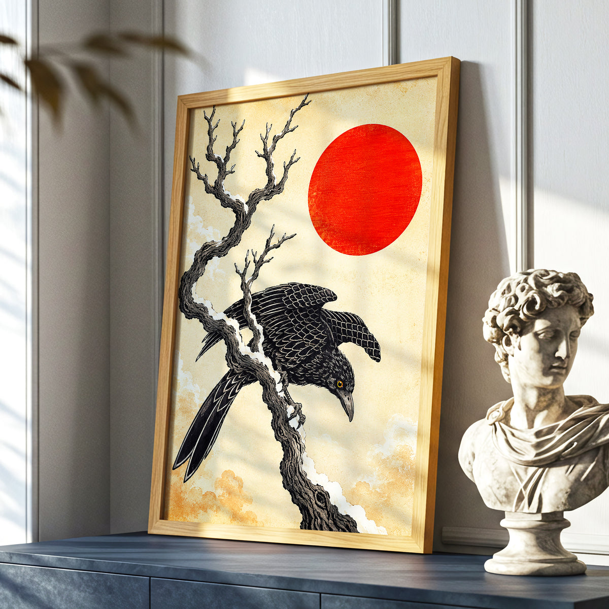 Scarlet Sun, Dark Wings, black, beige, red nature wall art displayed in a styled interior, gallery view 6