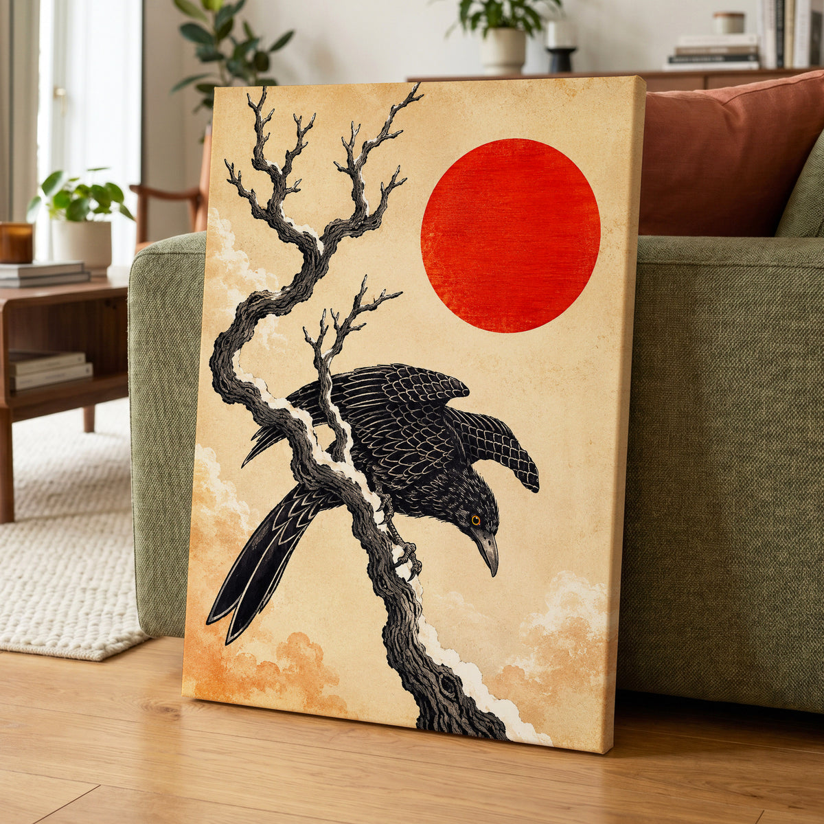 Scarlet Sun, Dark Wings, black, beige, red nature wall art displayed in a styled interior, gallery view 7
