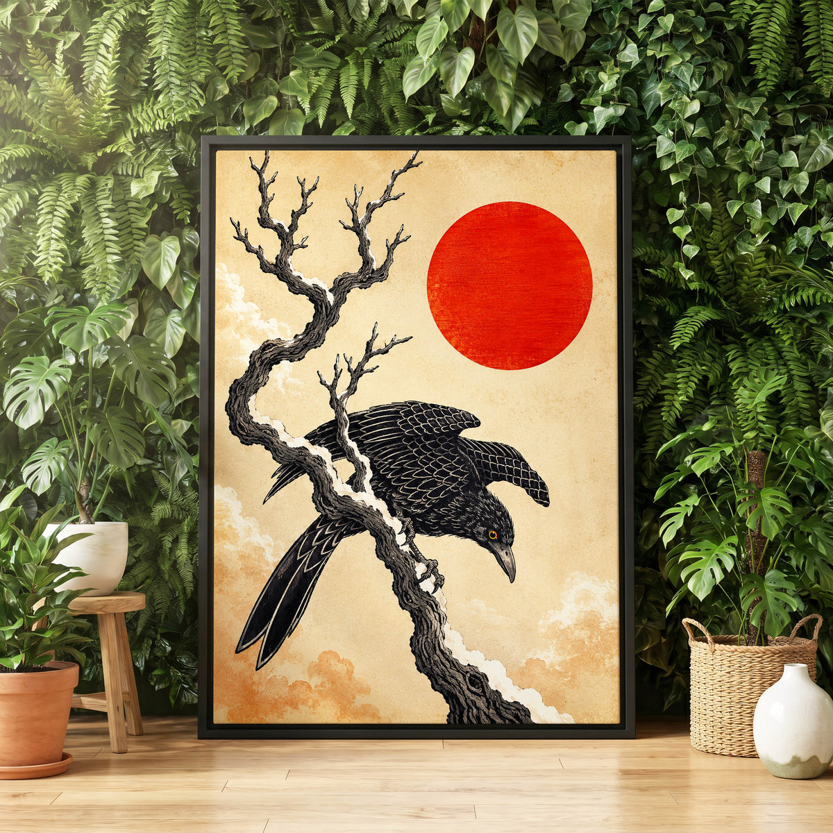 Scarlet Sun, Dark Wings, black, beige, red nature wall art displayed in a styled interior, gallery view 8