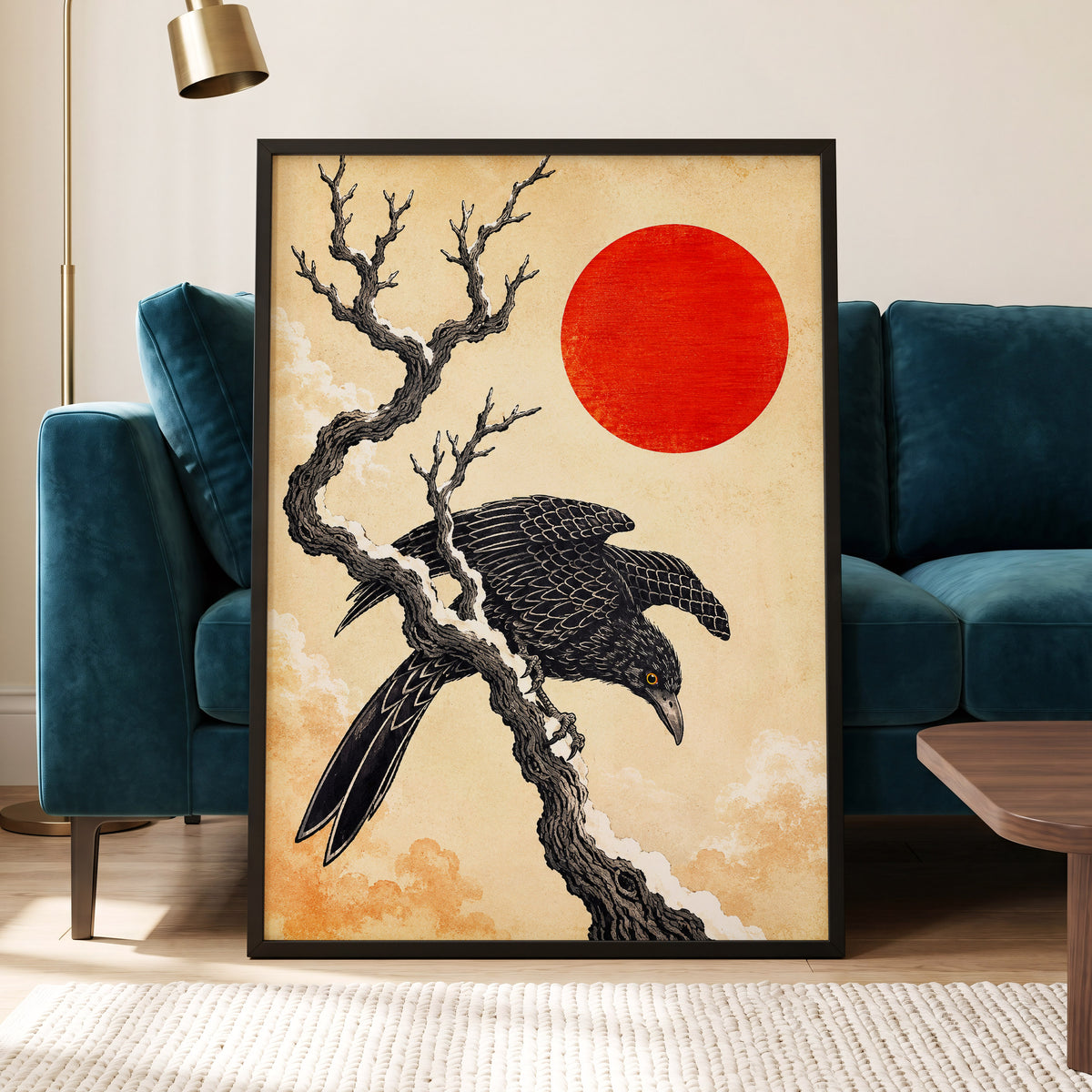 Scarlet Sun, Dark Wings, black, beige, red nature wall art displayed in a styled interior, gallery view 9