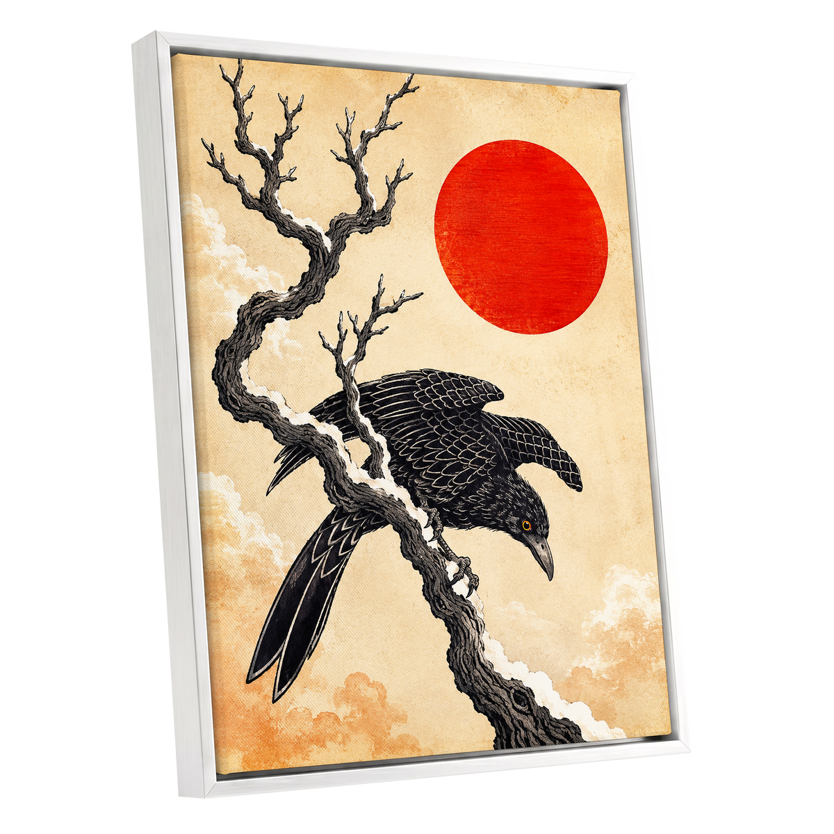 Scarlet Sun, Dark Wings, black, beige, red nature wall art shown as a white framed canvas wall art