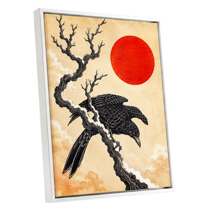 Scarlet Sun, Dark Wings, black, beige, red nature wall art shown as a white framed canvas wall art