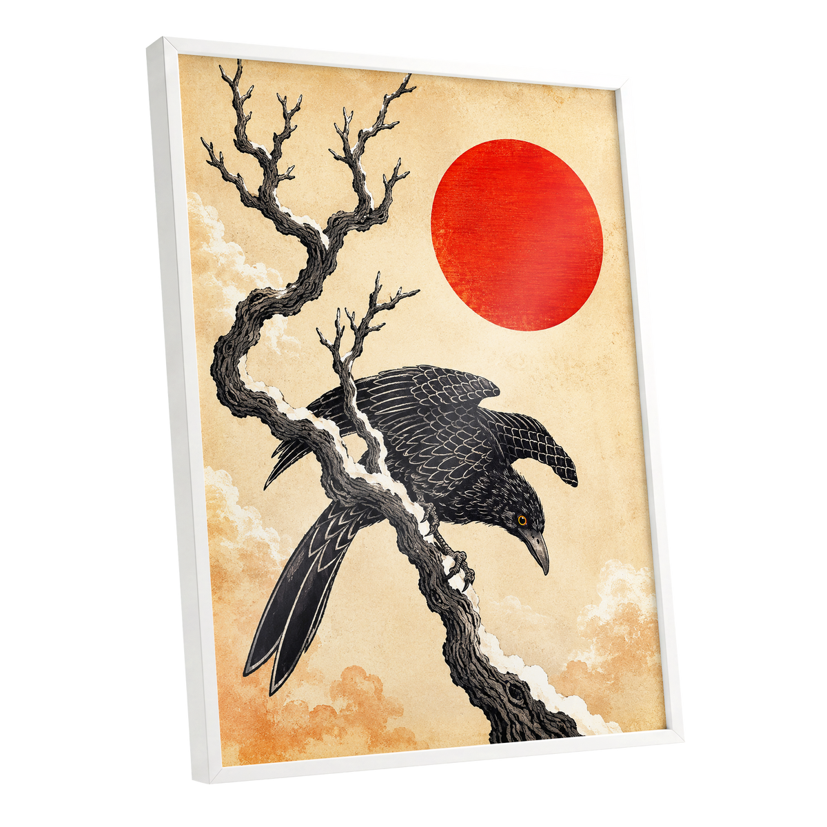 Scarlet Sun, Dark Wings, black, beige, red nature wall art shown as a white framed poster wall art print