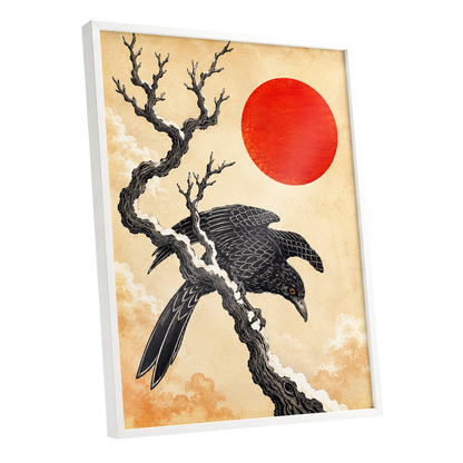 Scarlet Sun, Dark Wings, black, beige, red nature wall art shown as a white framed poster wall art print