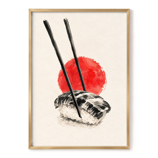 Scarlet Sushi, beige, black, red minimalist wall art, front artwork view