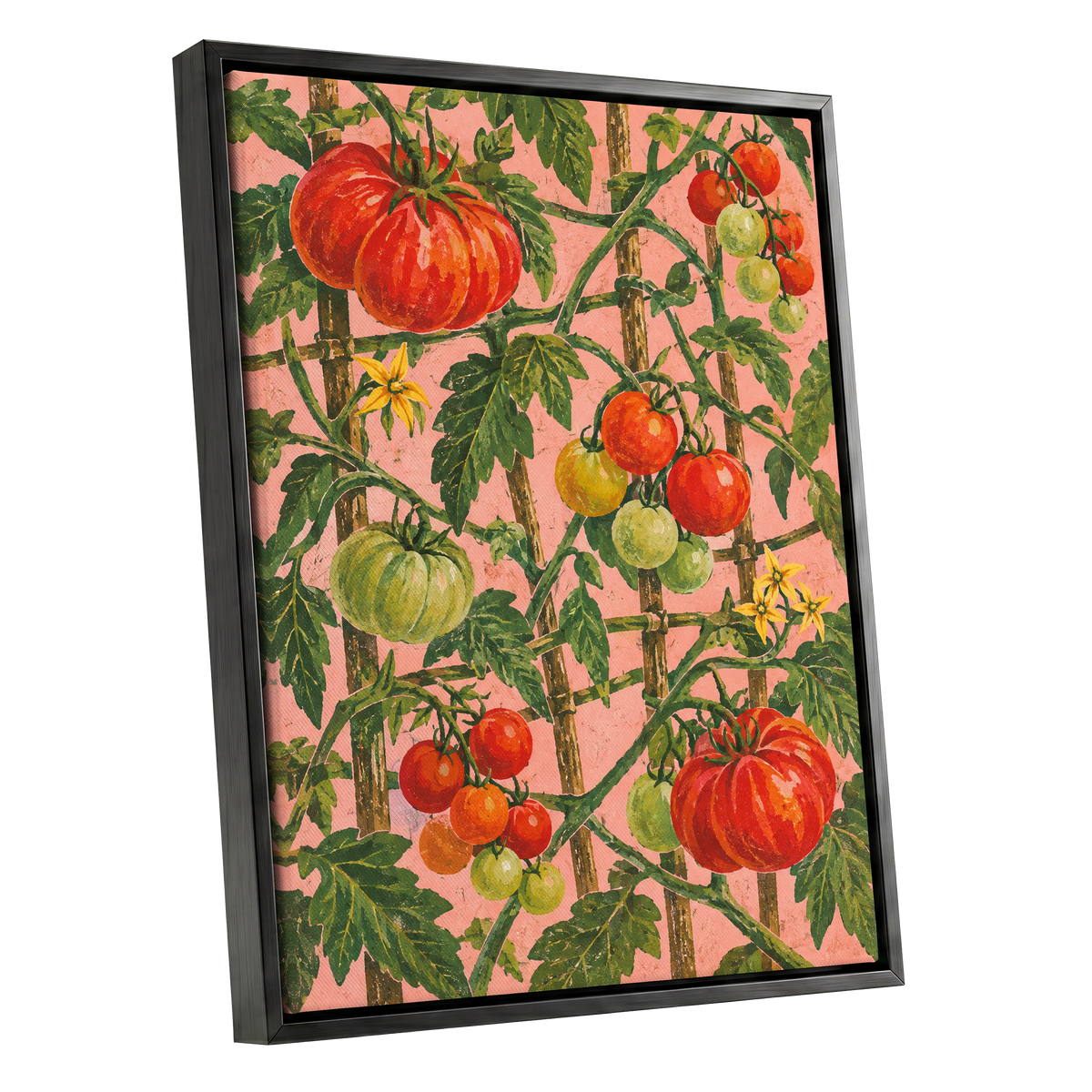Scarlet Tomato Trellis, red, green, pink nature wall art shown as a black framed canvas wall art