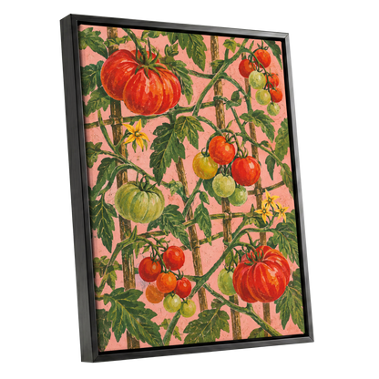 Scarlet Tomato Trellis, red, green, pink nature wall art shown as a black framed canvas wall art